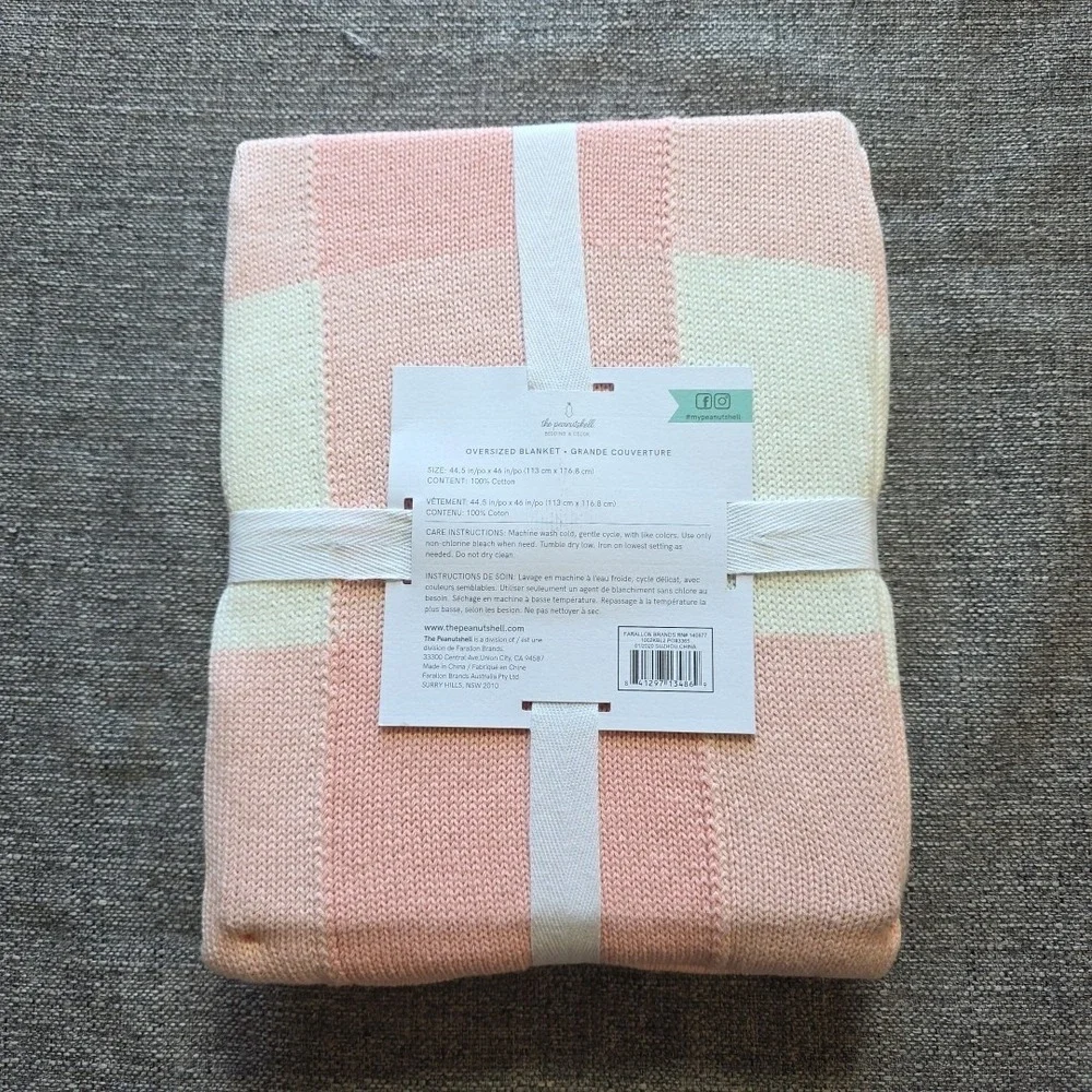 The Peanutshell Oversized Pink & White Checkered Knit Farmhouse Baby Blanket New